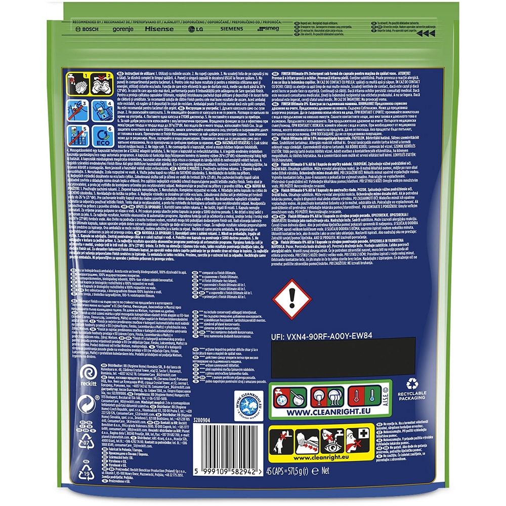 Detergent pentru masina de spalat vase Finish Ultimate All in 1 Eco 0%, 45 capsule