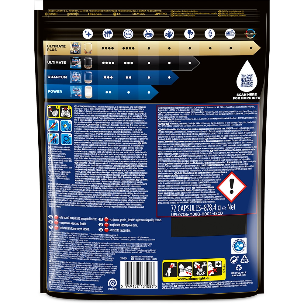 Detergent pentru masina de spalat vase FINISH Ultimate Plus Lemon, 72 capsule