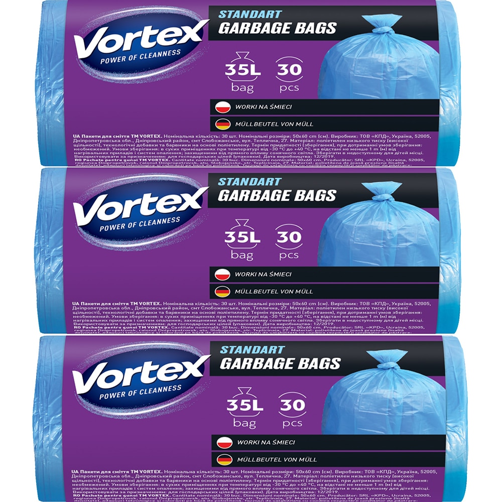 Set saci menajeri standard VORTEX, 3 x 30 bucati, 35 l, albastru