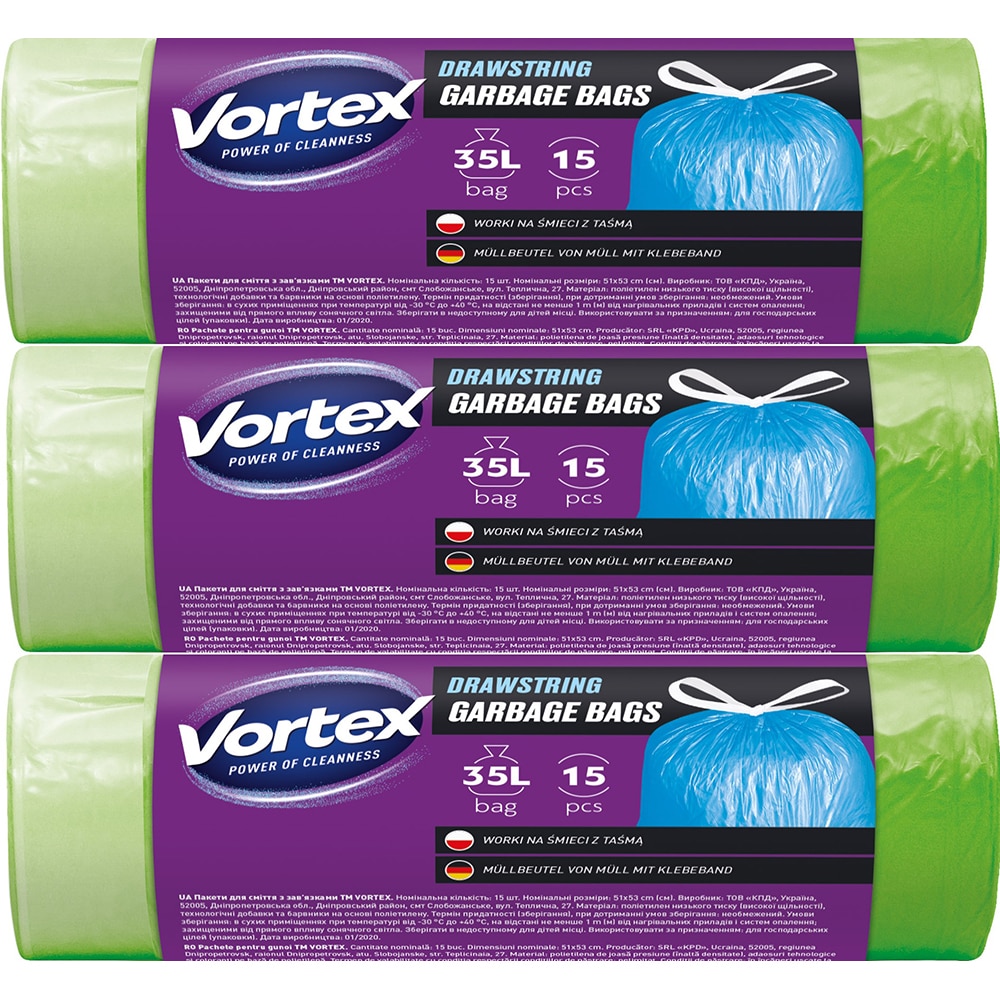 Set saci menajeri cu sistem de legare VORTEX, 3 x 15 bucati, 35 l, verde