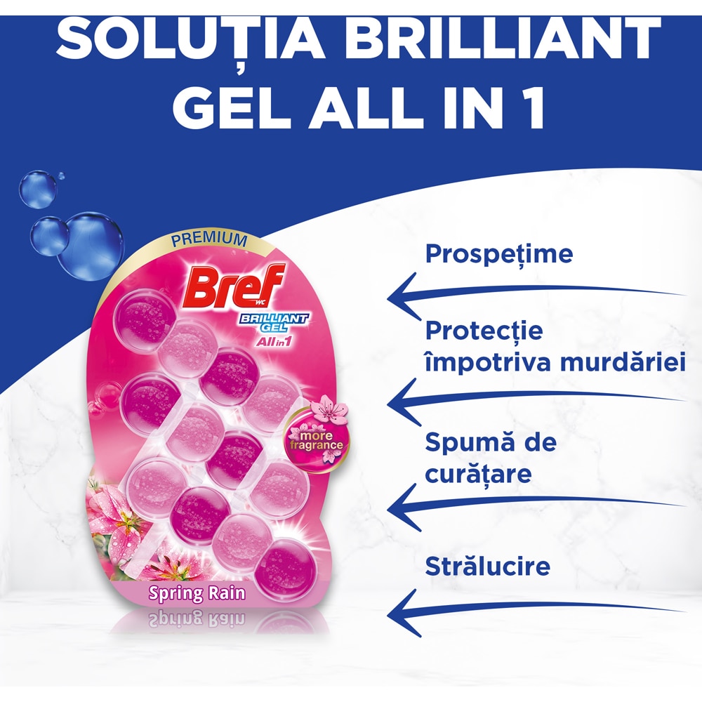 Odorizant toaleta BREF Brilliant Gel All in 1 Spring Rain, 3 x 42 g