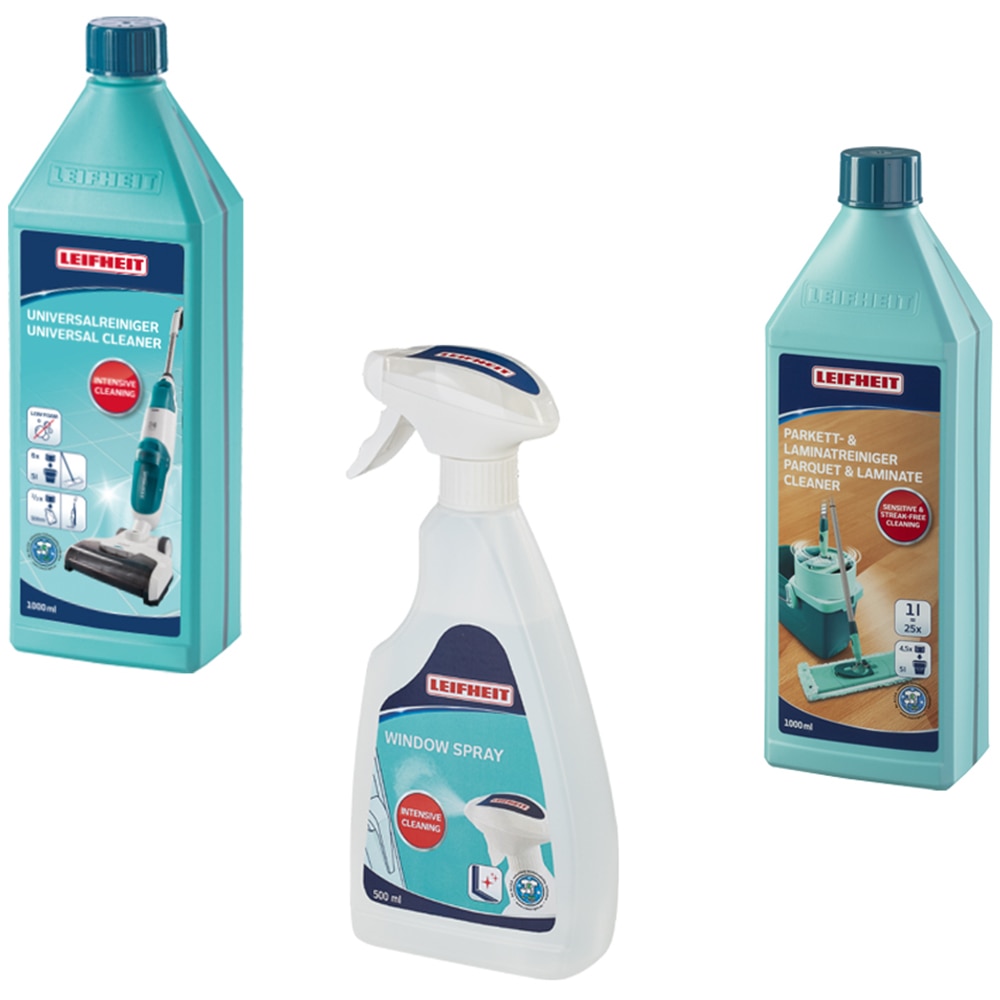 Pachet curatenie LEIFHEIT: Solutie de curatare pardoseli, 1l + Solutie de curatat geamuri, 0.5l + Detergent parchet laminat, 1l