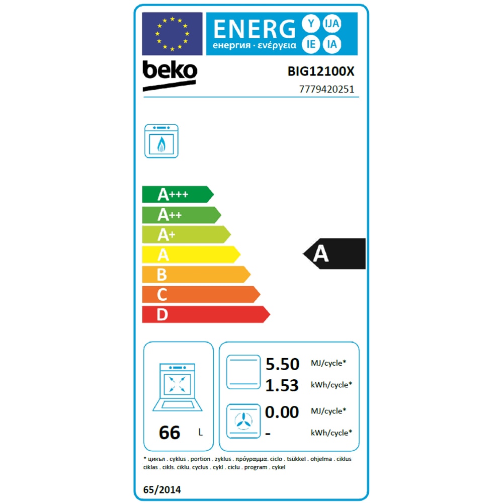 Cuptor incorporabil BEKO BIG12100X, Gaz, 66 l, Clasa A, inox