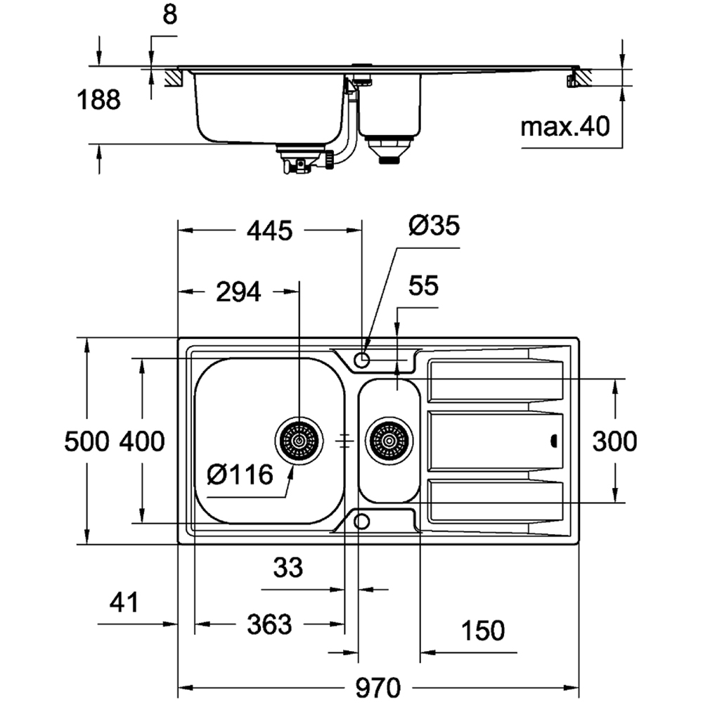 Chiuveta bucatarie GROHE K400 31567SD0, 1 1/2 cuve, picurator reversibil, inox, inox satinat