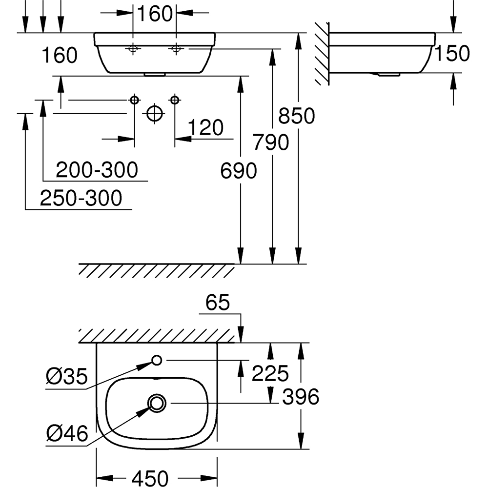 Chiuveta baie GROHE Euro Ceramic 39324000, montare pe perete, 45 x 39.6 cm, alb