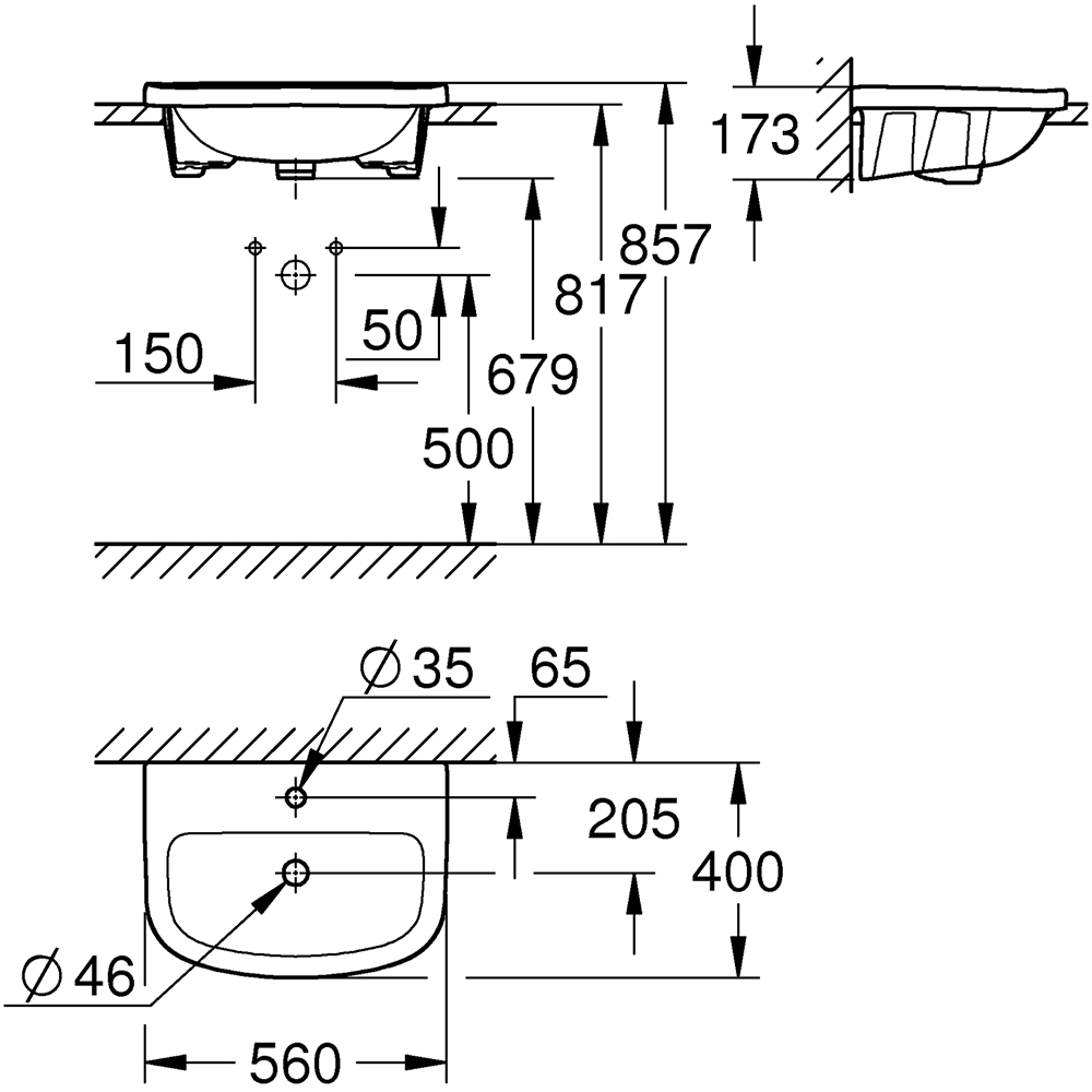 Chiuveta baie GROHE Bau Ceramic 39422000, montare incorporabila, 56 x 40 cm, alb