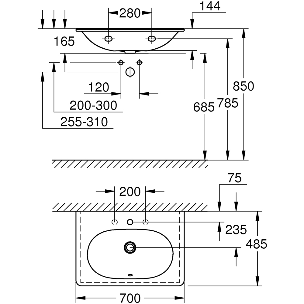 Chiuveta baie GROHE Essence 3956400H, montare pe perete, 70 x 48.5 cm, alb