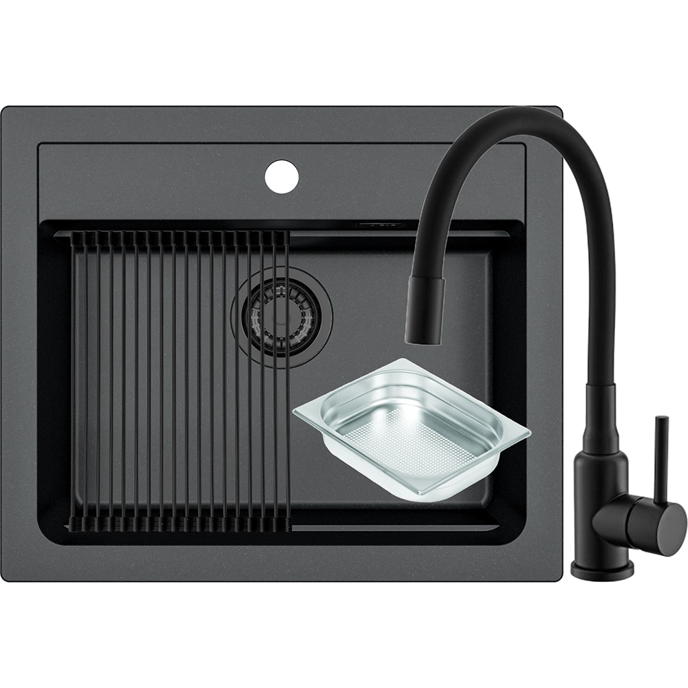 Pachet chiuveta ALVEUS Atrox 30 G91, 1 cuva, compozit granit, baterie Flexa F, accesorii, negru