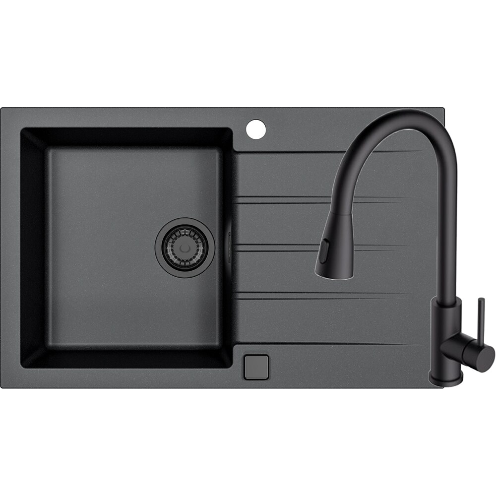 Pachet chiuveta ALVEUS Cadit 20 G91, 1 cuva, picurator reversibil, compozit granit + baterie Primrose G90, negru