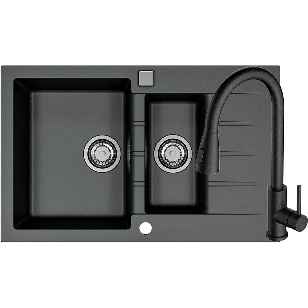 Pachet chiuveta ALVEUS Cadit 70 G91, 1 1/2 cuve, picurator reversibil, compozit granit + baterie Primrose G91, negru