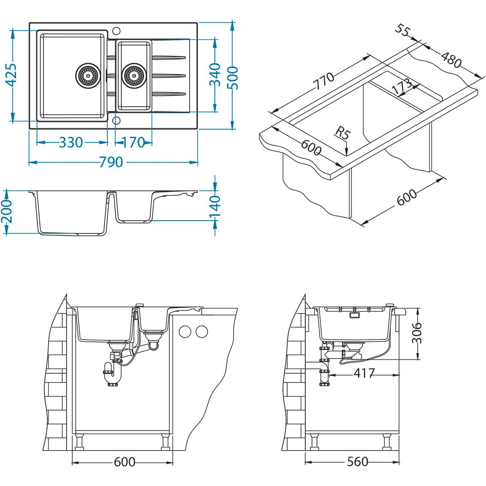 Pachet chiuveta ALVEUS Cadit 70 G91, 1 1/2 cuve, picurator reversibil, compozit granit + baterie Primrose G91, negru