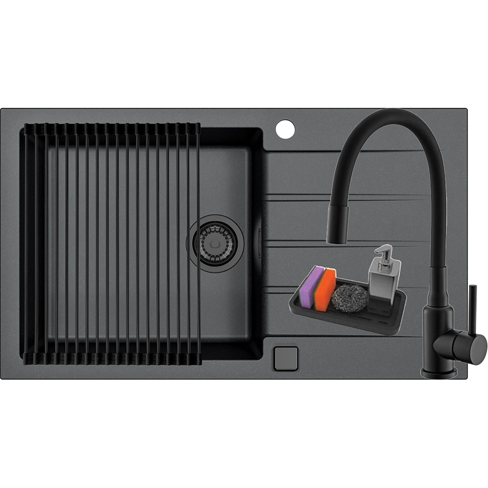 Pachet chiuveta ALVEUS Cadit 40 G91, 1 cuva, picurator reversibil, compozit granit, baterie Flexa F, accesorii, negru