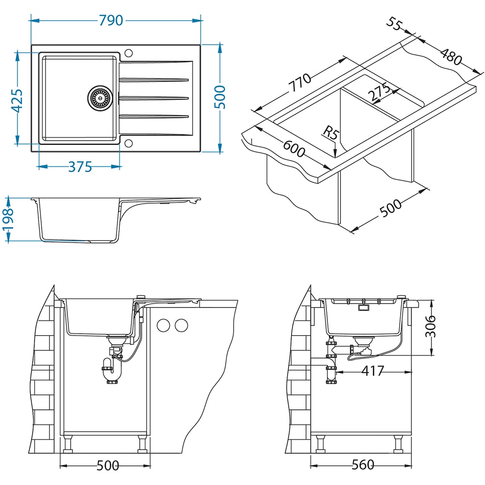 Pachet chiuveta ALVEUS Cadit 40 G91, 1 cuva, picurator reversibil, compozit granit, baterie Flexa F, accesorii, negru