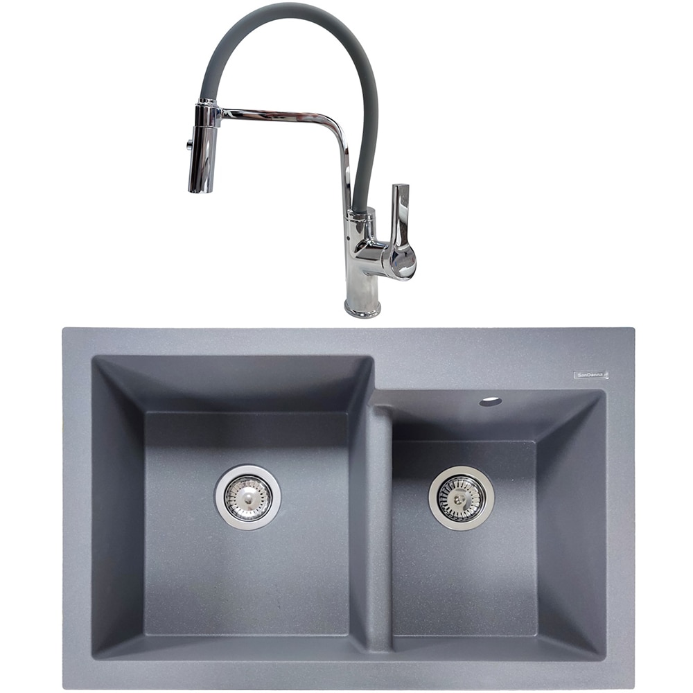 Pachet chiuveta SANDONNA Edyta 79, 2 cuve, compozit granit + baterie, gri