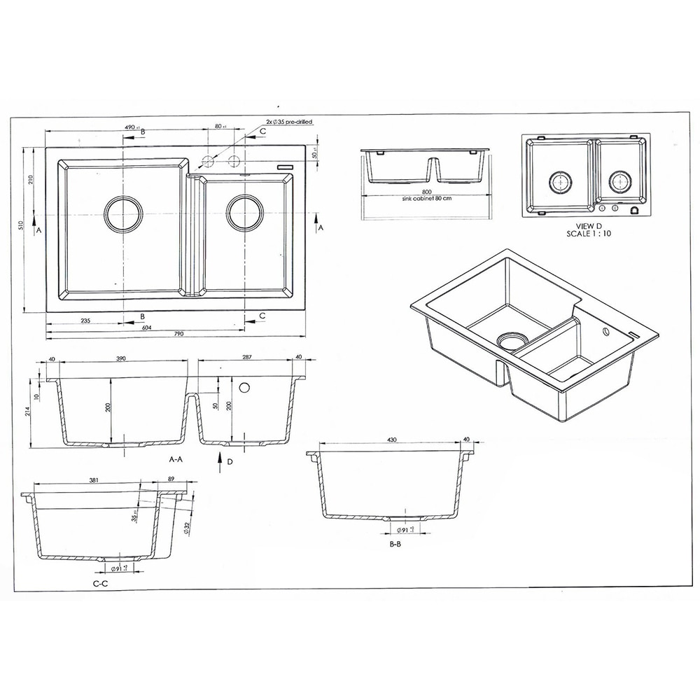 Pachet chiuveta SANDONNA Edyta 79, 2 cuve, compozit granit + baterie, gri
