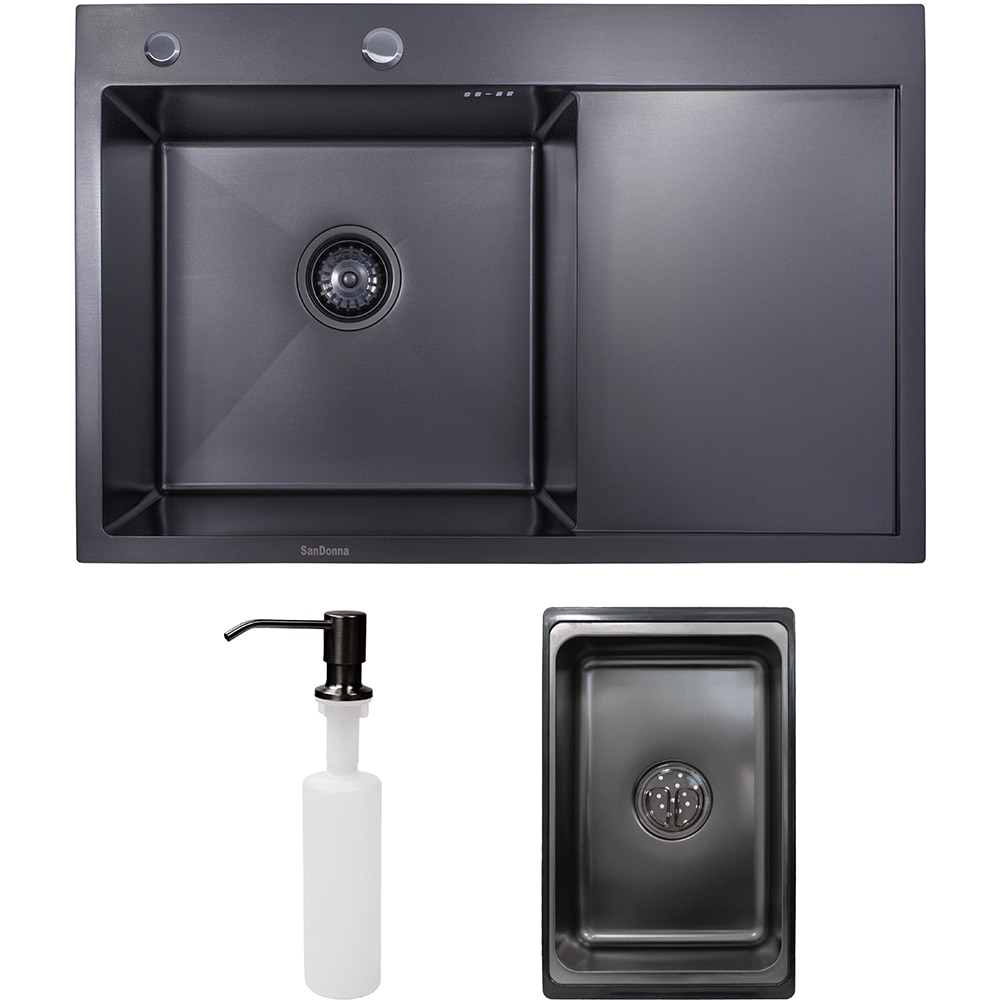 Pachet chiuveta bucatarie SANDONNA HD7850, 1 cuva, inox + picurator + dozator sapun, negru