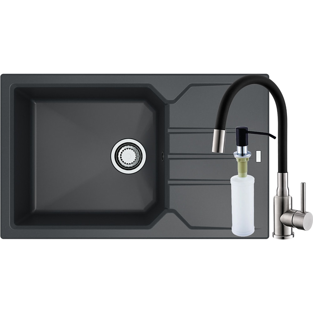 Pachet chiuveta ALVEUS Record 40 G91, 1 cuva, picurator reversibil, compozit granit + baterie Flexa + dozator, negru