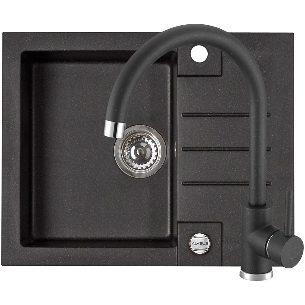 Pachet chiuveta ALVEUS Rock 30, 1 cuva, picurator reversibil, compozit granit + Baterie Kati G91, negru