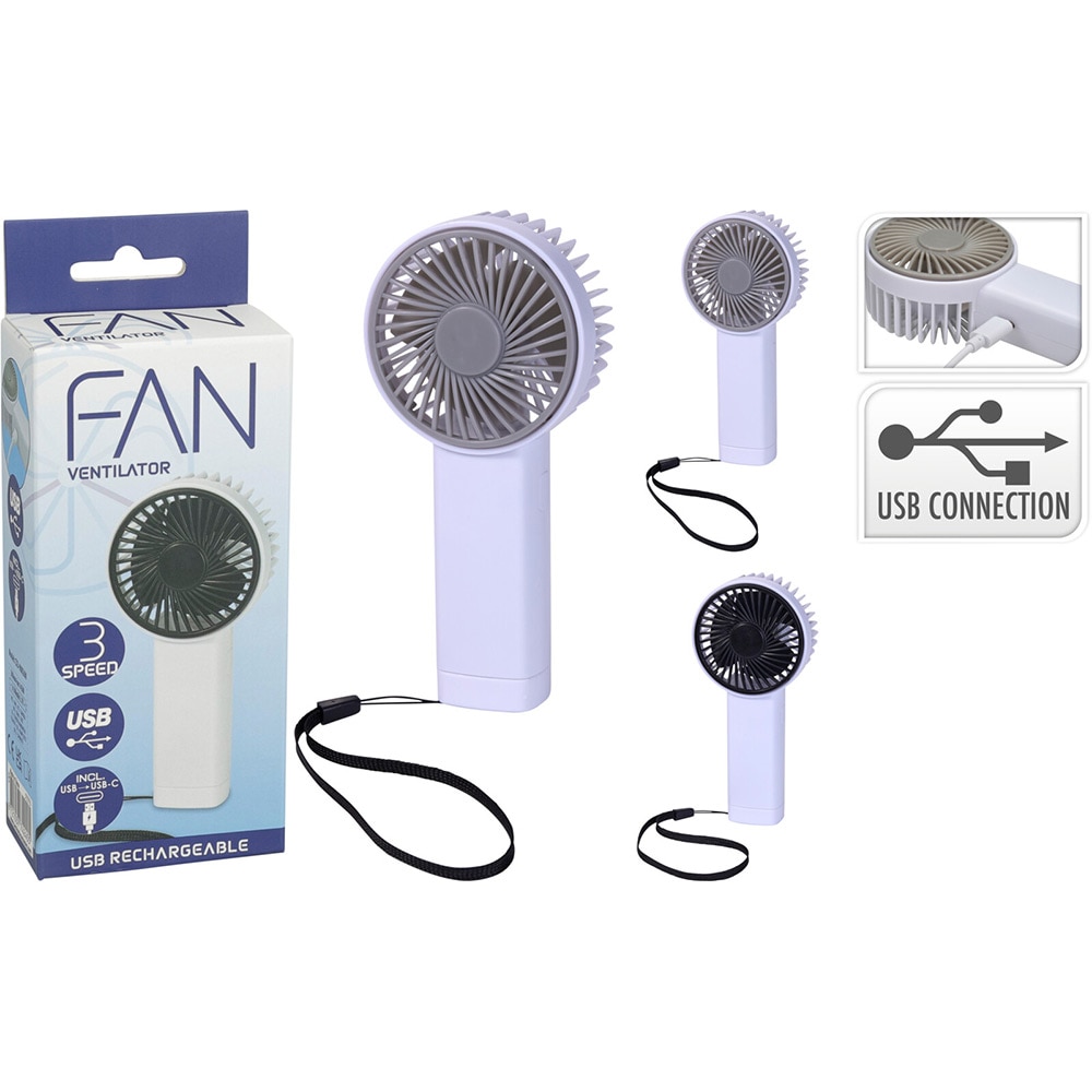 Ventialor de mana, 3 trepte ventilatie, cu incarcare USB, 300 mAH, ABS, alb