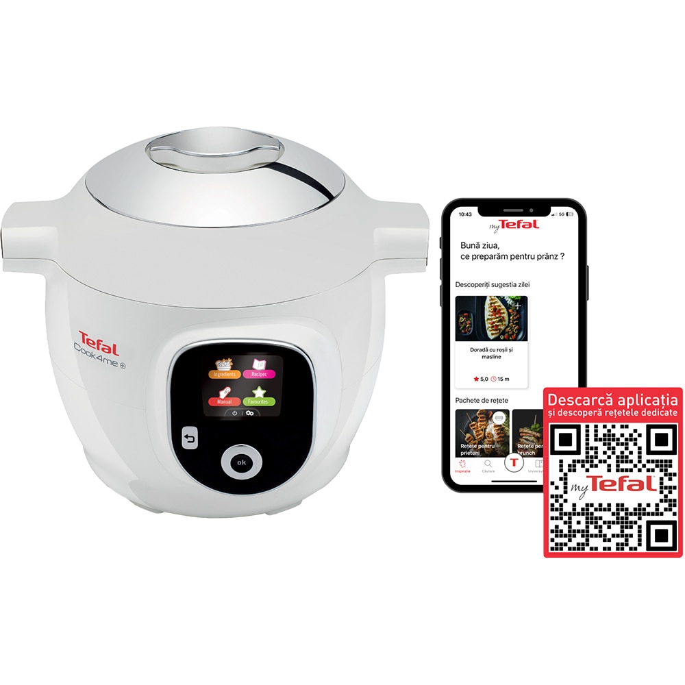 Multicooker TEFAL Cook4Me+ CY851130, 6l, 1600W, 6 programe, aplicatie 150 retete, alb-gri