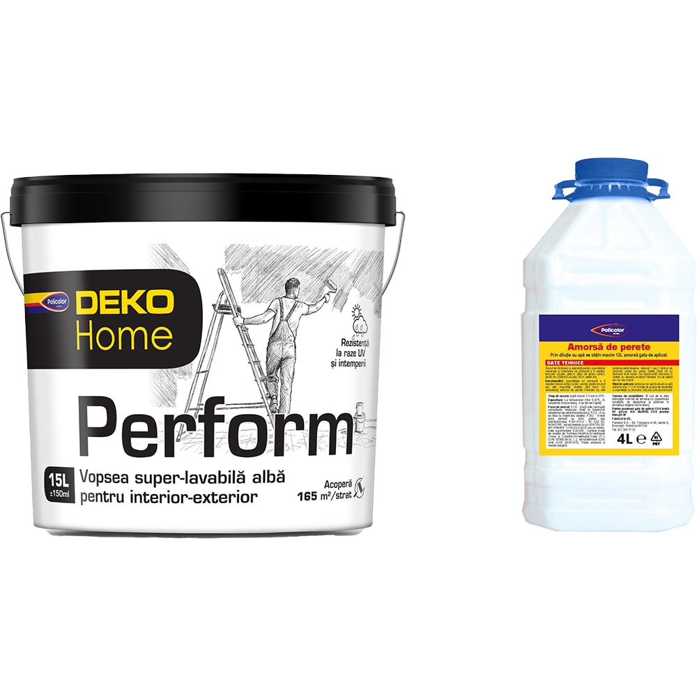 Set vopsea super-lavabila DEKO Home Perform, 15L + Amorsa de perete Policolor, 4L