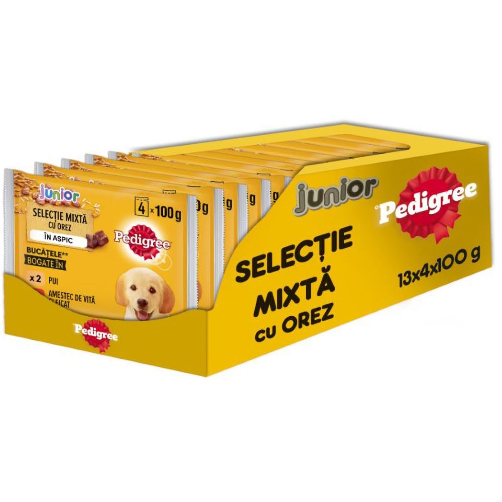 Hrana umeda pentru caini PEDIGREE, Junior, Mix cu orez in aspic, 13 x 4 x 100g