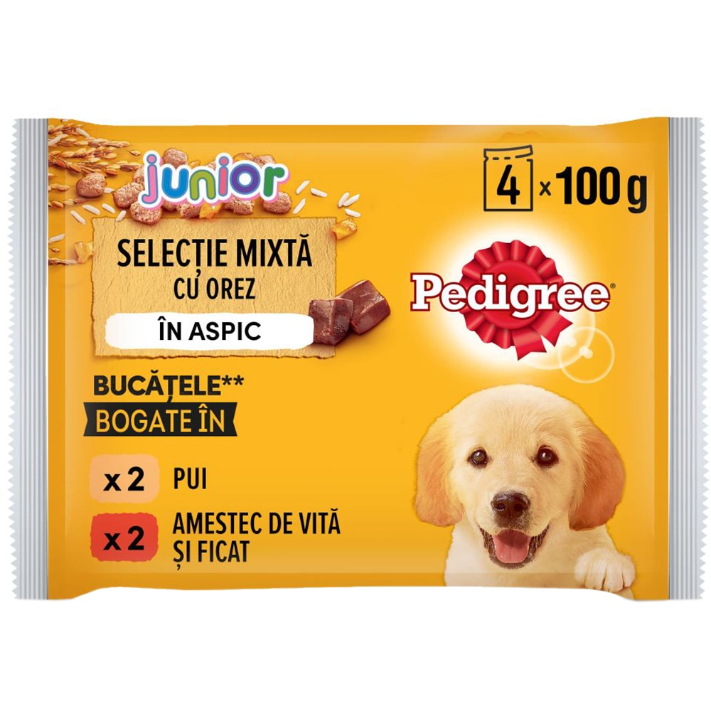 Hrana umeda pentru caini PEDIGREE, Junior, Mix cu orez in aspic, 13 x 4 x 100g