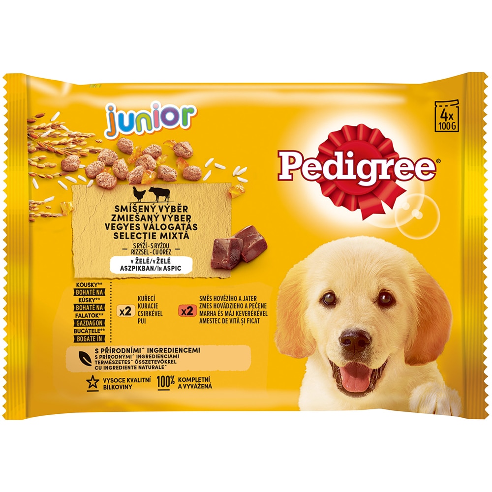 Hrana umeda pentru caini PEDIGREE, Junior, Mix cu orez in aspic, 13 x 4 x 100g
