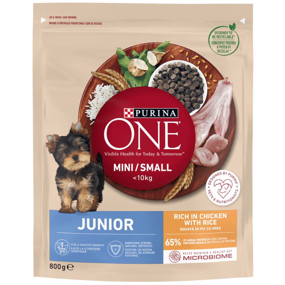 Hrana uscata pentru caini PURINA ONE Mini, Junior, Pui si orez, 800 g