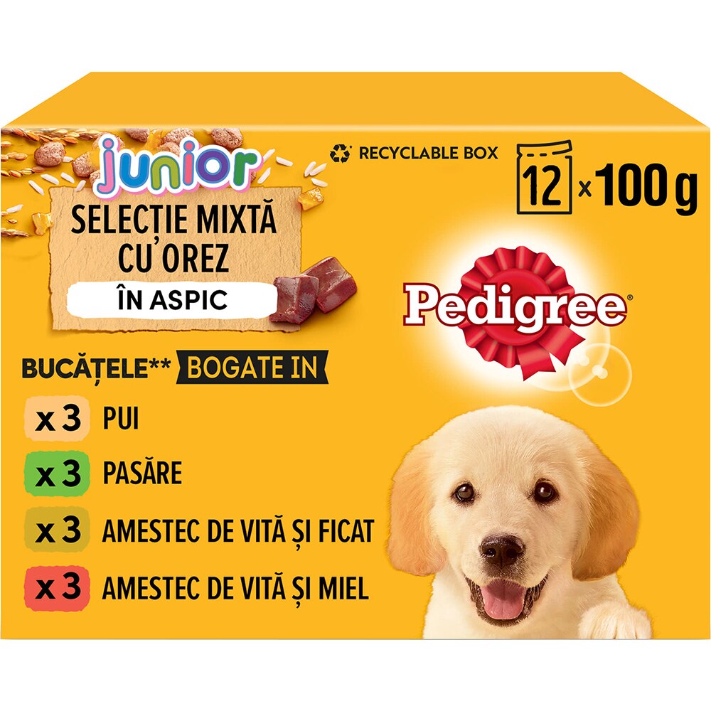 Hrana umeda pentru caini PEDIGREE Junior, Selectie mixta cu orez in aspic, 12 x 100g