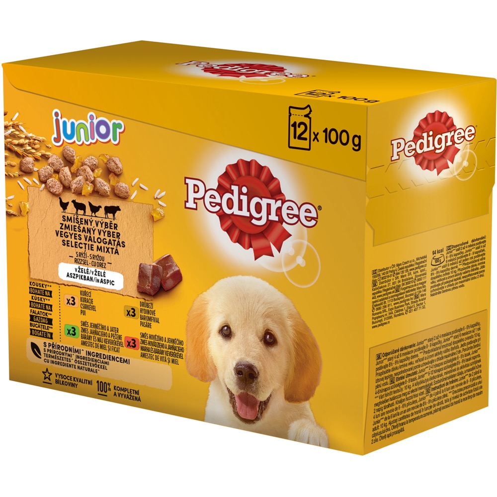 Hrana umeda pentru caini PEDIGREE Junior, Selectie mixta cu orez in aspic, 12 x 100g