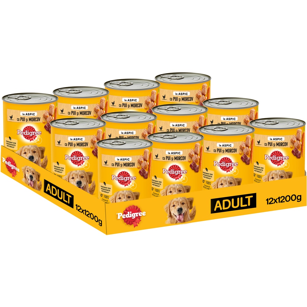 Hrana umeda pentru caini PEDIGREE, Adult, Pui si morcov in aspic, 12 x 1200g