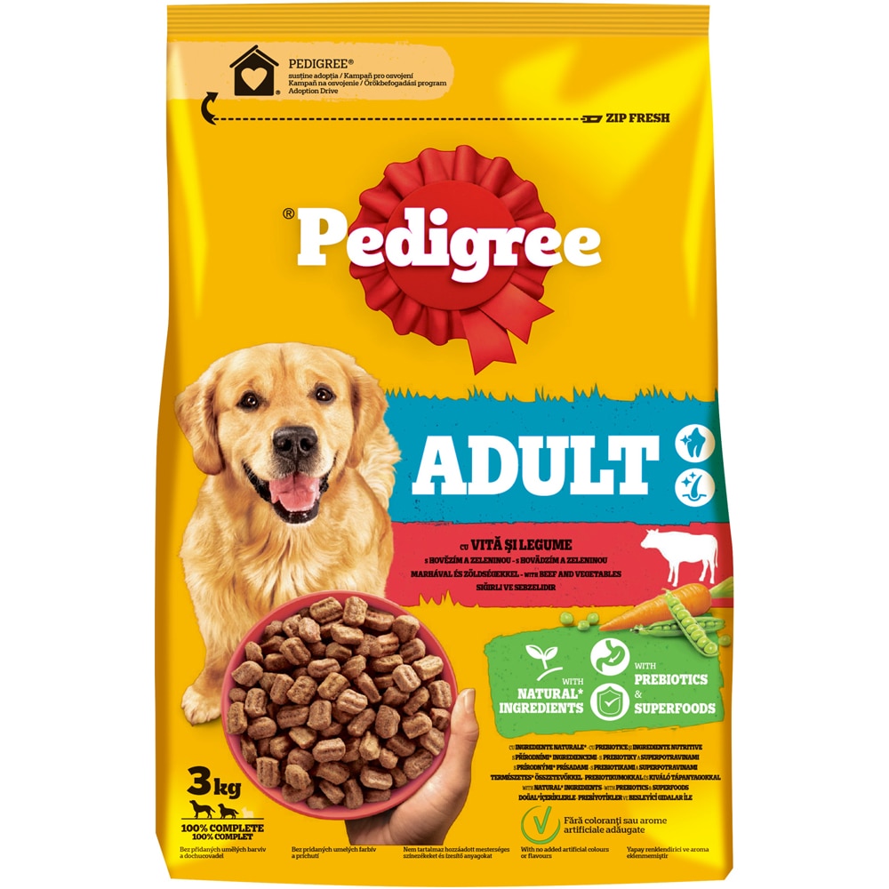 Hrana uscata pentru caini PEDIGREE, Adult, Vita si legume, 3 kg