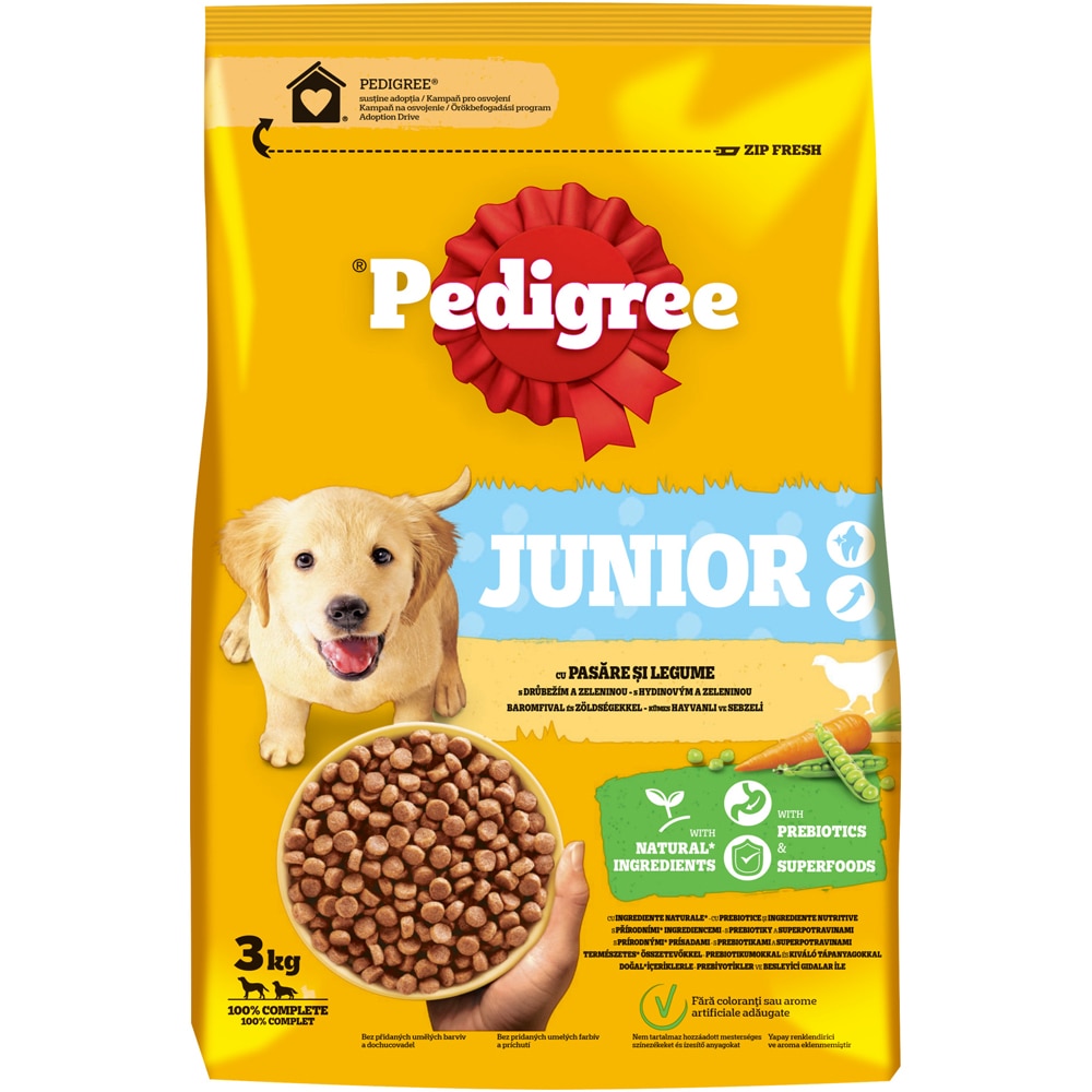 Hrana uscata pentru caini PEDIGREE, Junior, Pasare si legume, 3 kg