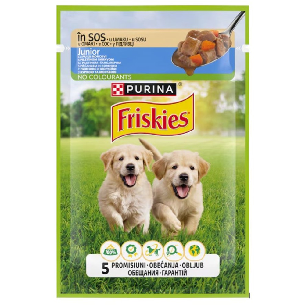 Hrana umeda pentru caini FRISKIES, Junior, Pui si morcovi in sos, 26 x 85g