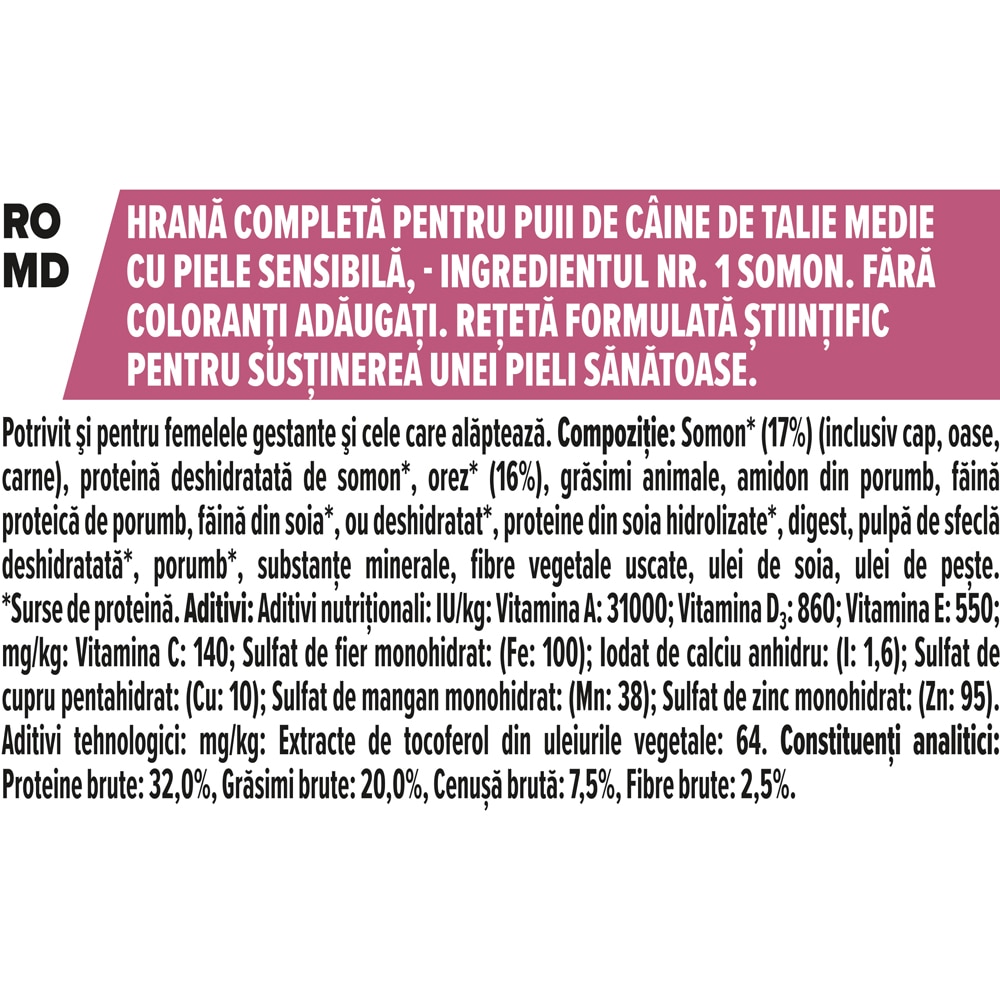 Hrana uscata pentru caini PURINA PRO PLAN Medium, Sensitive Skin, Junior, Somon, 12 kg