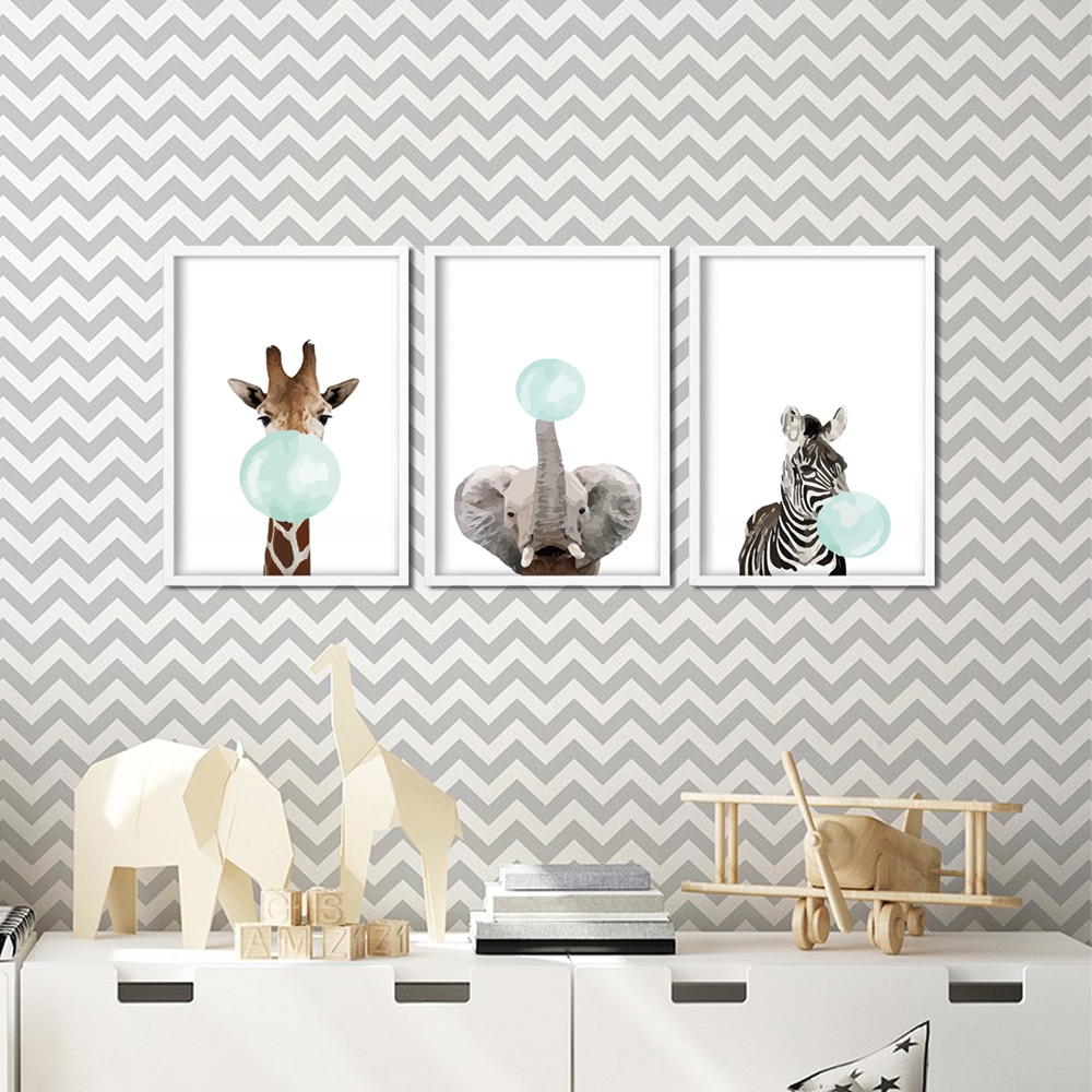 Set 3 tablouri cu rama Animale, 23 x 33 cm, PVC, bleu