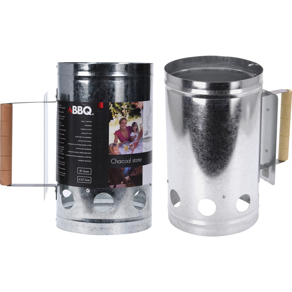 Aprinzator carbuni gratar, D16 x 27.5 cm, metal, maner lemn, argintiu