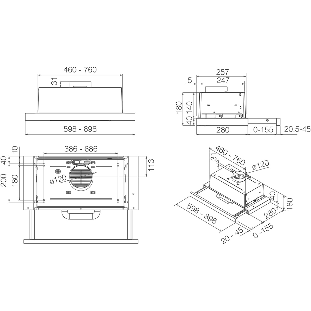Hota incorporabila telescopica ELICA Elite 14 Lux BL/A/60, 1 motor, 368 m3/h, L 60 cm, negru