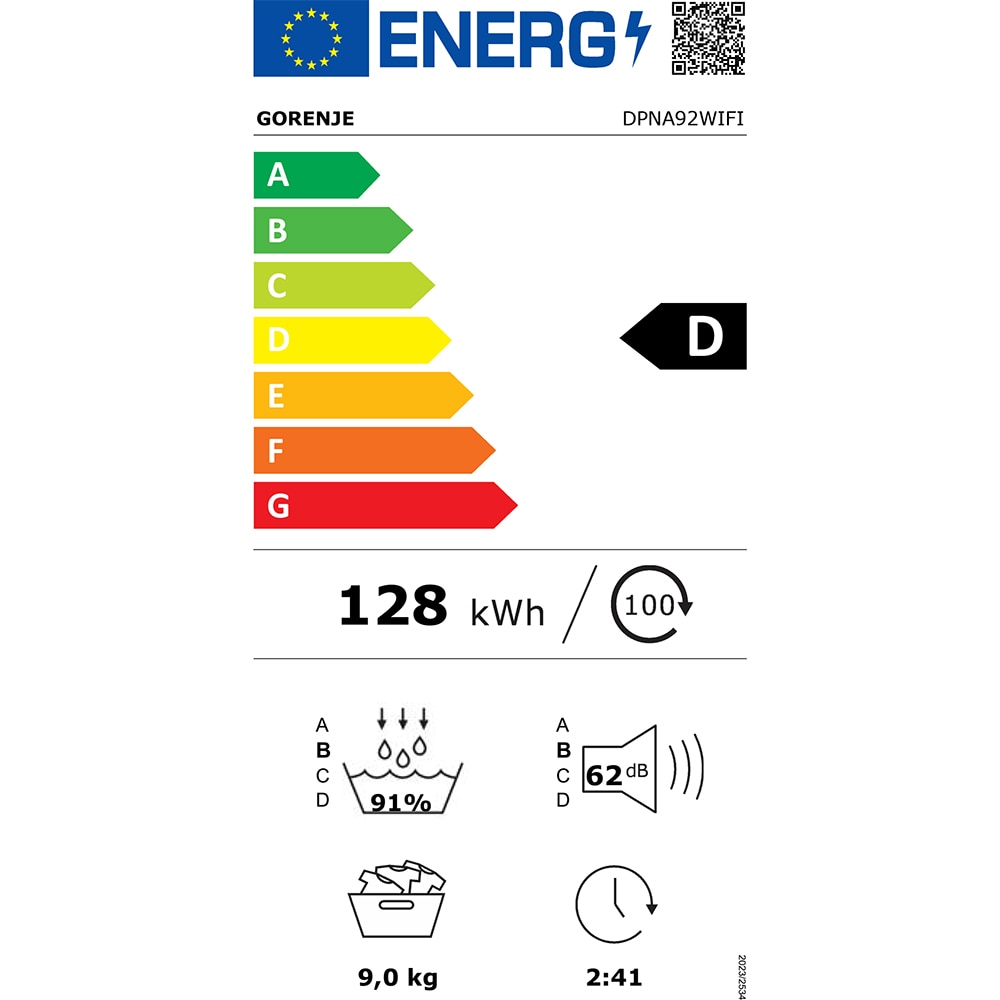 Uscator de rufe GORENJE DPNA92WIFI, Pompa de caldura, 9 kg, 15 programe, Clasa D, Wi-Fi, alb