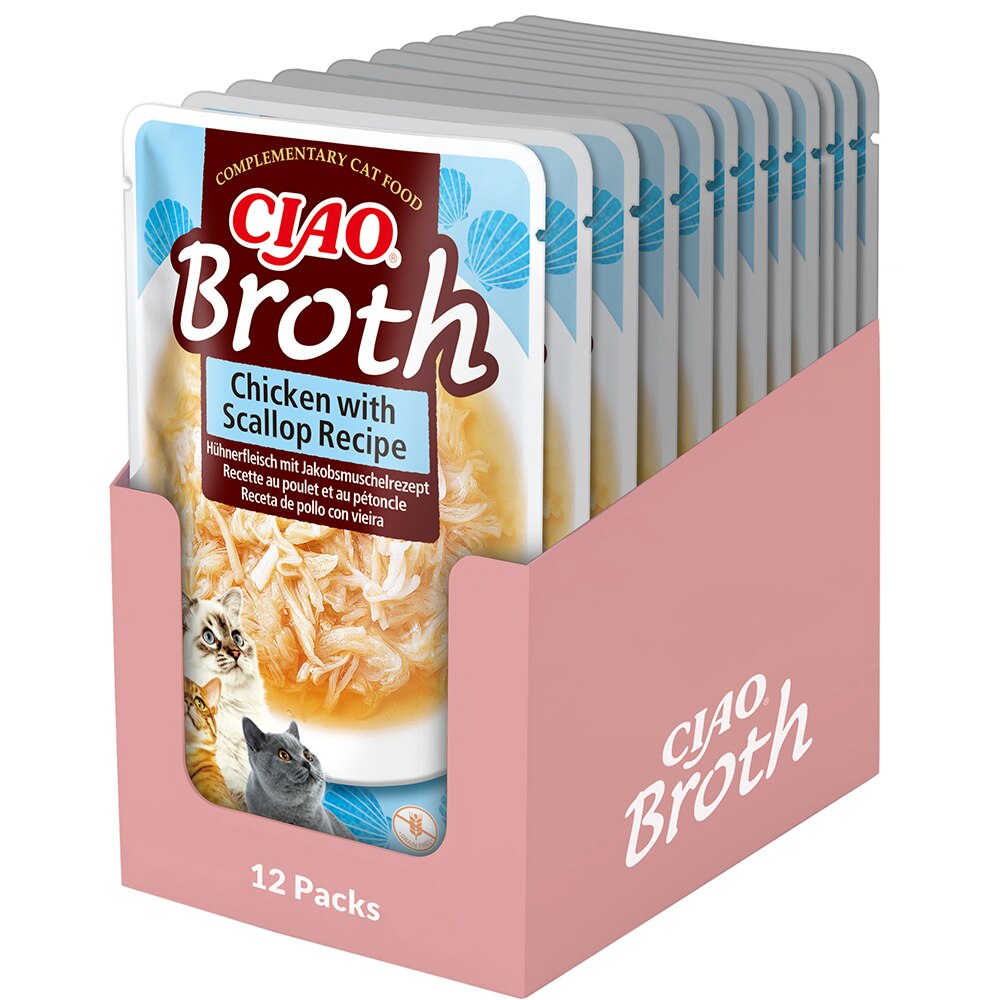 Hrana umeda pentru pisici INABA Ciao Churu Broth, Adult, Pui si Scoici in supa, 12 x 40 g