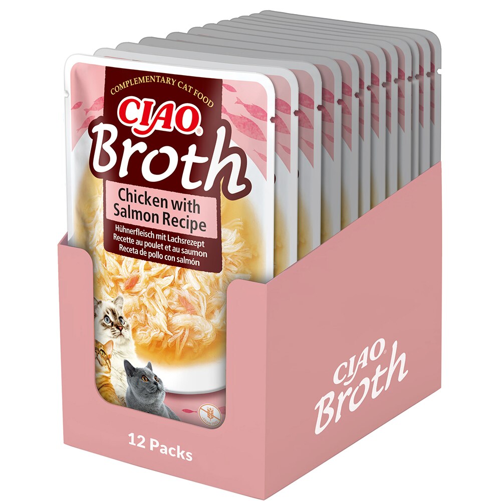 Hrana umeda pentru pisici INABA Ciao Churu Broth, Adult, Pui si Somon in supa, 12 x 40 g