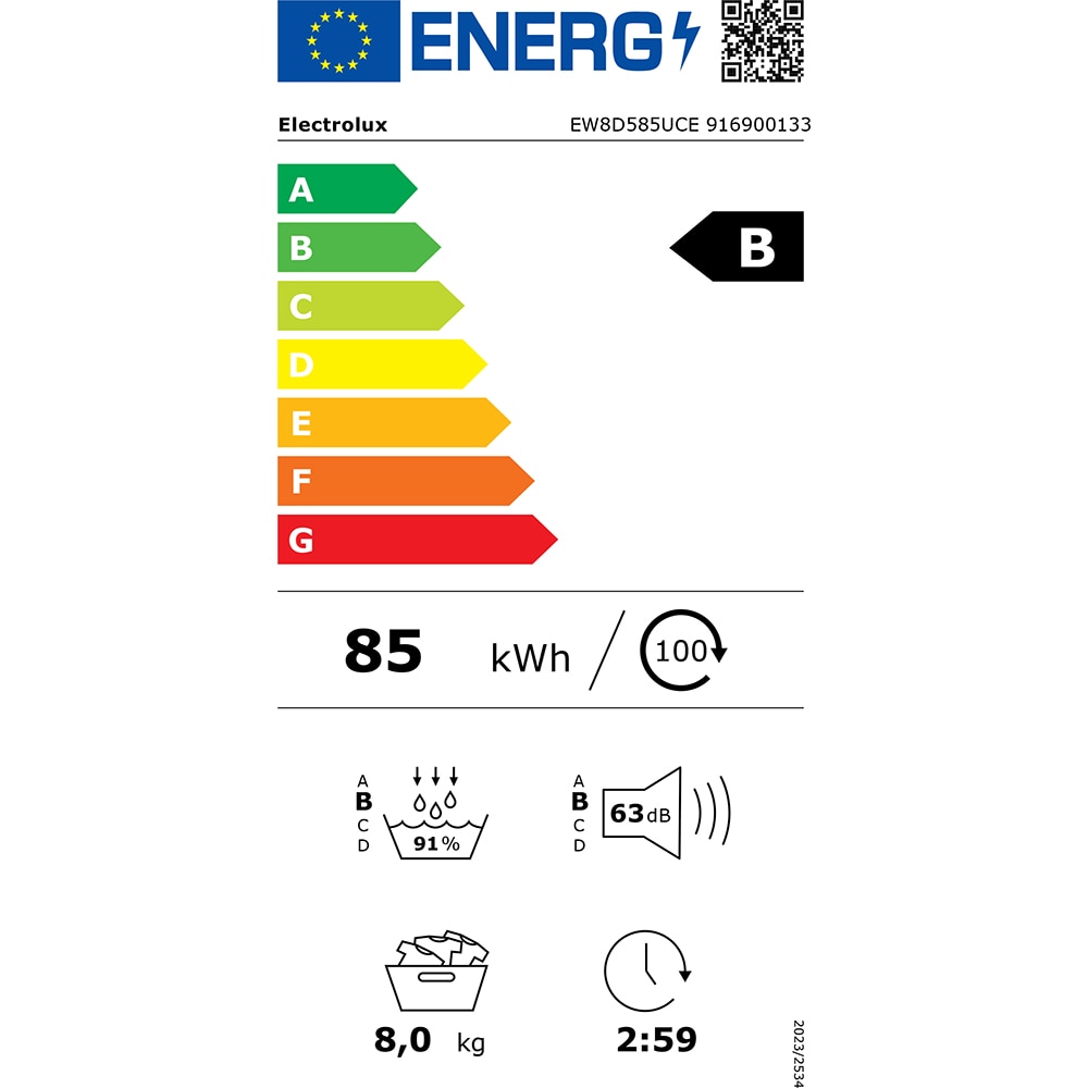 Uscator de rufe ELECTROLUX EW8D585UCE, UltraCare, Pompa de caldura, 8 kg, 13 programe, Clasa B, alb