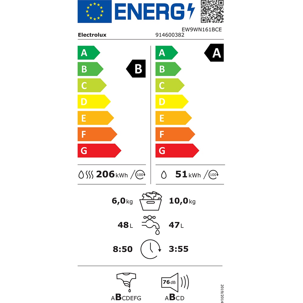 Masina de spalat rufe frontala cu uscator ELECTROLUX PerfectCare900 EW9WN161BCE, 10/6 kg, 1600rpm, Clasa A/B, alb