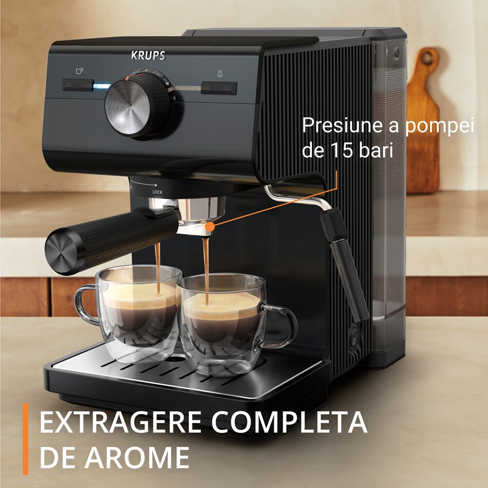 Espressor manual KRUPS Authentic XP381810, 2l, 15 bar, sistem Cappuccino, negru-argintiu