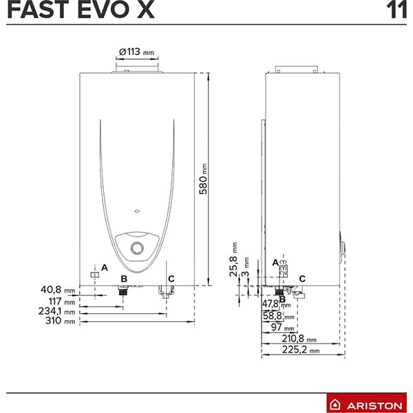 Instant apa calda pe gaz ARISTON Fast Evo X 11 LPG, GPL, 11l/min, 2150W, NTC, Senzor siguranta, alb