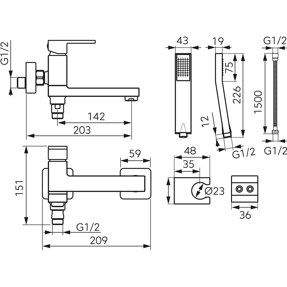 Baterie cada-dus FERRO Zicco BZI11RBL, alama sanitara, set de dus inclus, negru