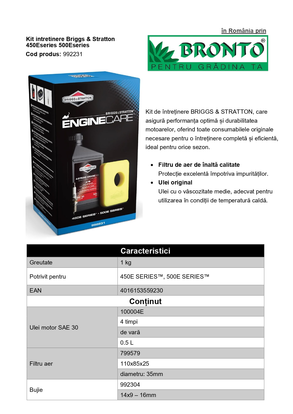 Kit intretinere motor, ulei motor SAE 30, filtru aer, bujie, 450E, 550E, Briggs & Stratton