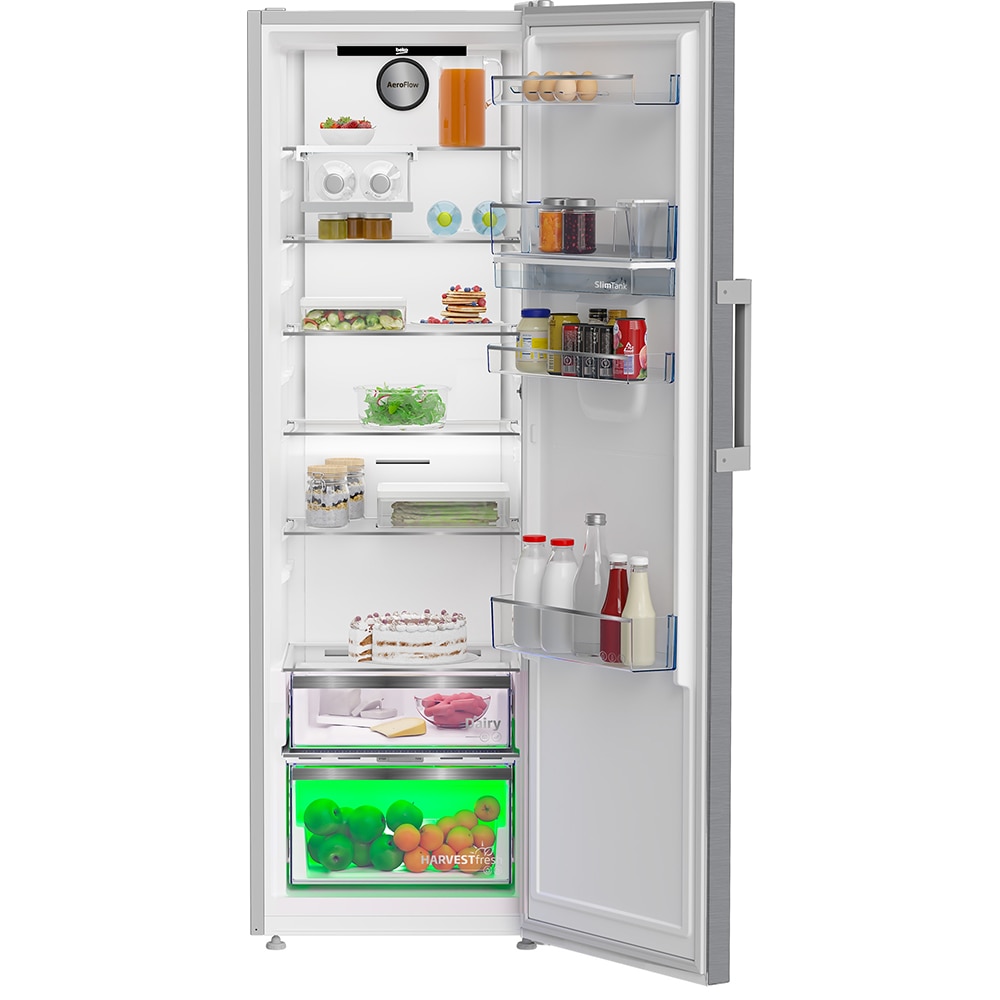 Frigider cu o usa BEKO B5RLNE365HDXB, No Frost, 365 l, H 186.5 cm, Clasa D, Dozator apa, inox