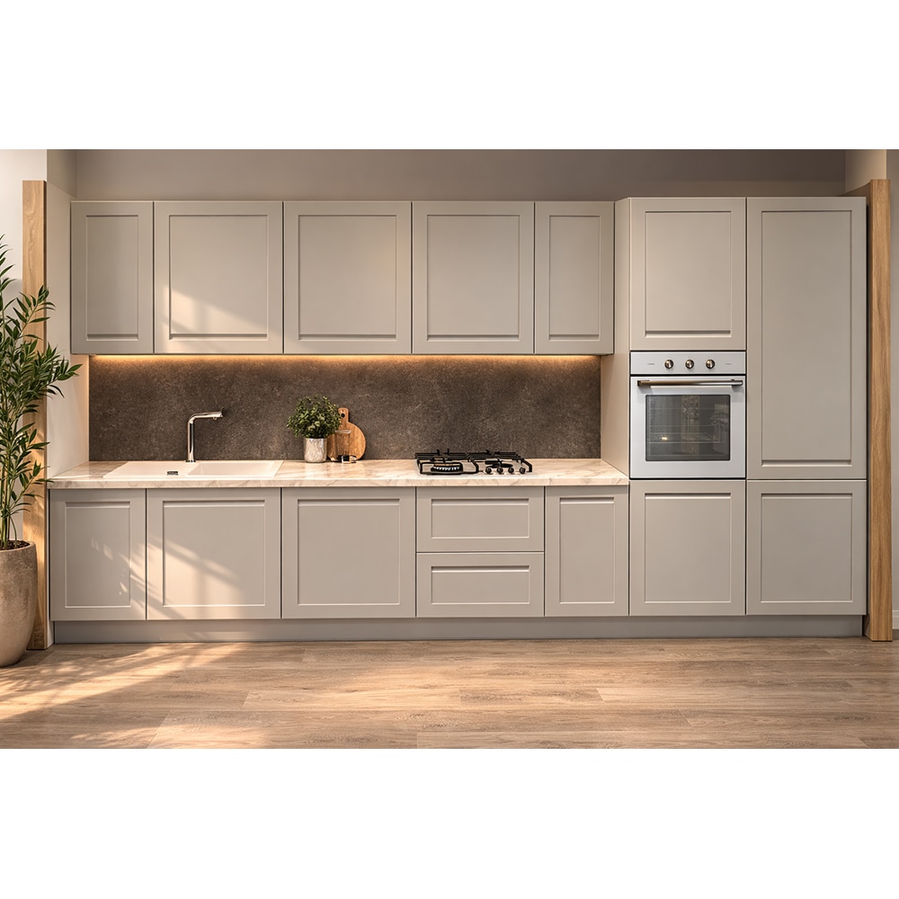 Mobila bucatarie Garcinia, PAL, 380 x 60 x 216 cm, gri deschis